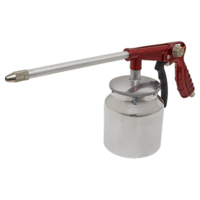 The Paraffin Spray Gun Large Inlet - SA923 by Sealey features a red and black handle, a silver canister, and a precise fluid aperture for seamless application.