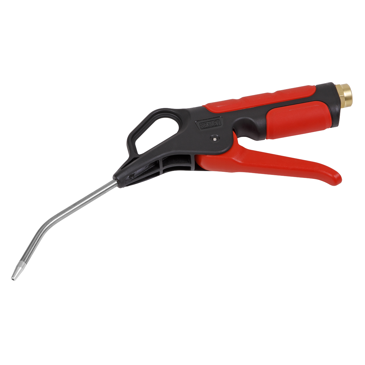 The Sealey Air Blow Gun 110mm with 1/4"BSP Air Inlet (SA9250), featuring a red and black trigger operation and a metal nozzle, is ideal for cleaning and clearing debris. It also includes an air release valve for precision dust removal.