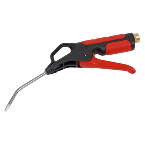 The Sealey Air Blow Gun 110mm with 1/4"BSP Air Inlet (SA9250), featuring a red and black trigger operation and a metal nozzle, is ideal for cleaning and clearing debris. It also includes an air release valve for precision dust removal.