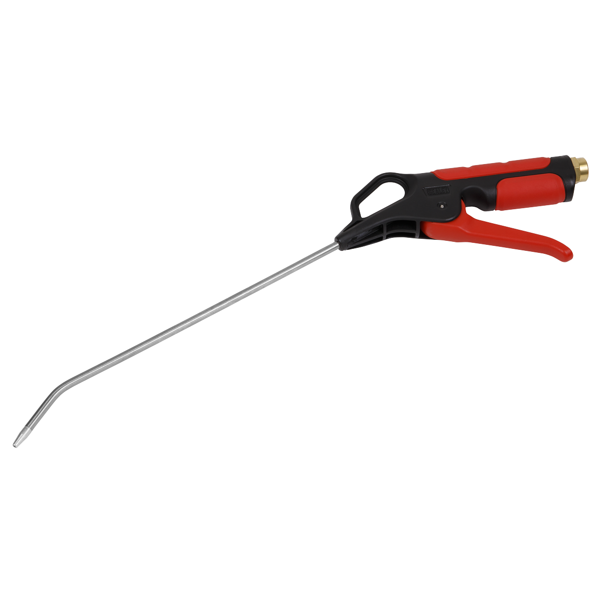 The Sealey Air Blow Gun 270mm with 1/4"BSP Air Inlet - SA9251 features a long metal body, black handle, red trigger, and a bent nozzle tip for precision.