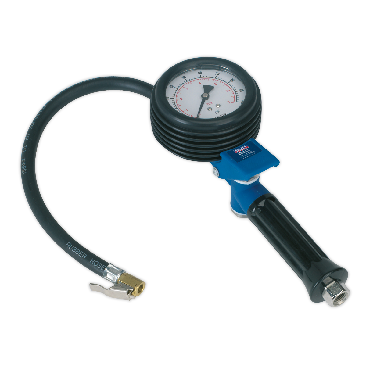 The Sealey Jumbo Tyre Inflator with Clip-On Connector - SA9303 features a sturdy composite body and a blue handle, along with an analog dial with a needle indicator and a rubber hose.