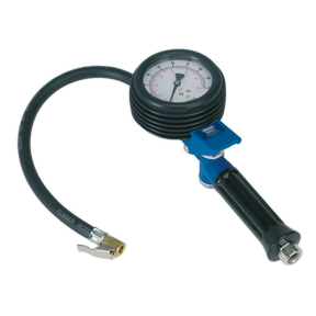The Sealey Jumbo Tyre Inflator with Clip-On Connector - SA9303 features a sturdy composite body and a blue handle, along with an analog dial with a needle indicator and a rubber hose.