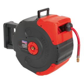 Sealey's Retractable Air Hose Reel 15m Ø12.5mm ID - SA94 in black and red features a reinforced PVC braided hose and durable design.