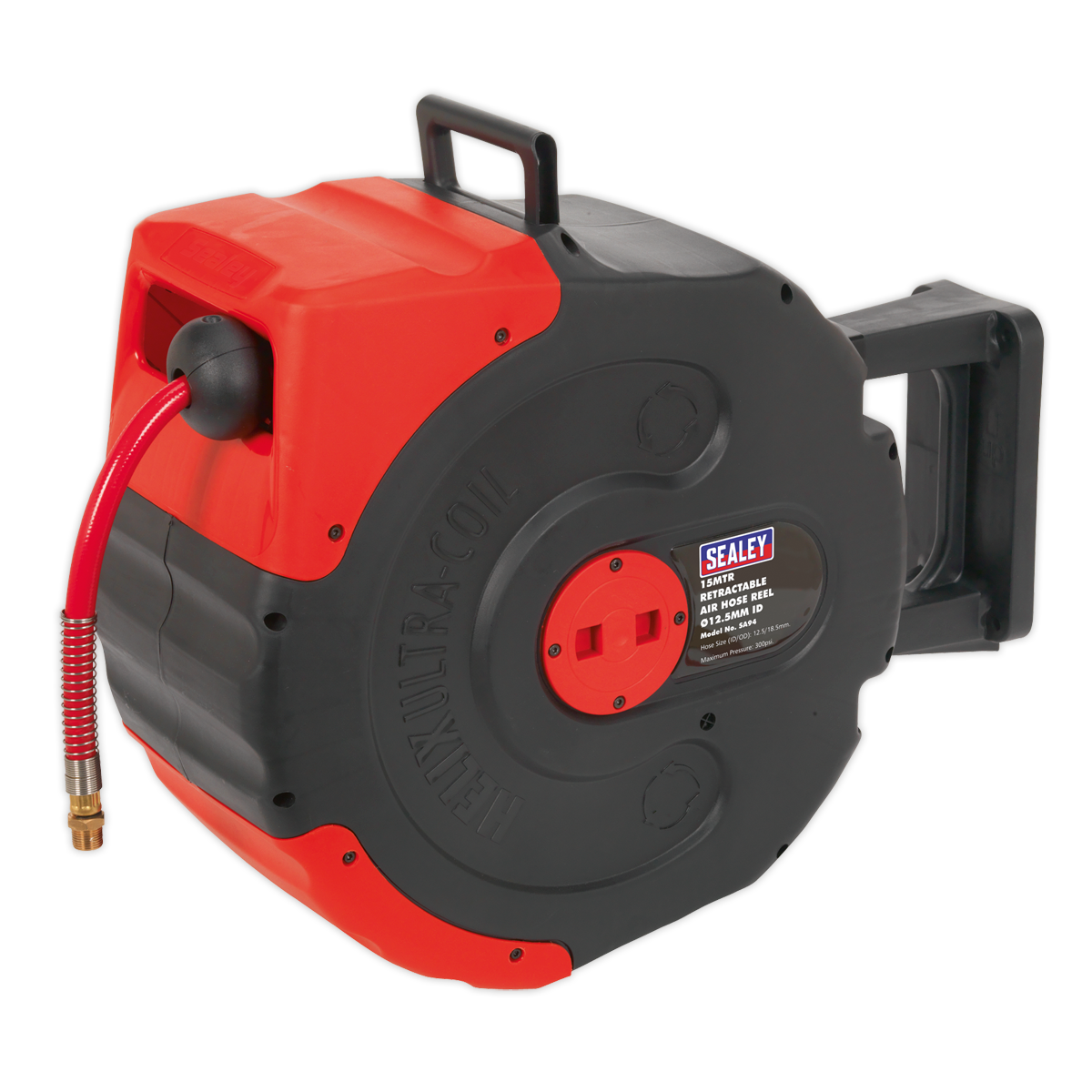 The Sealey Retractable Air Hose Reel 15m Ø12.5mm ID - SA94, in black and red, features a reinforced PVC braided hose with an attached label displaying specifications. Its durable design includes an auto-rewind mechanism for easy handling.