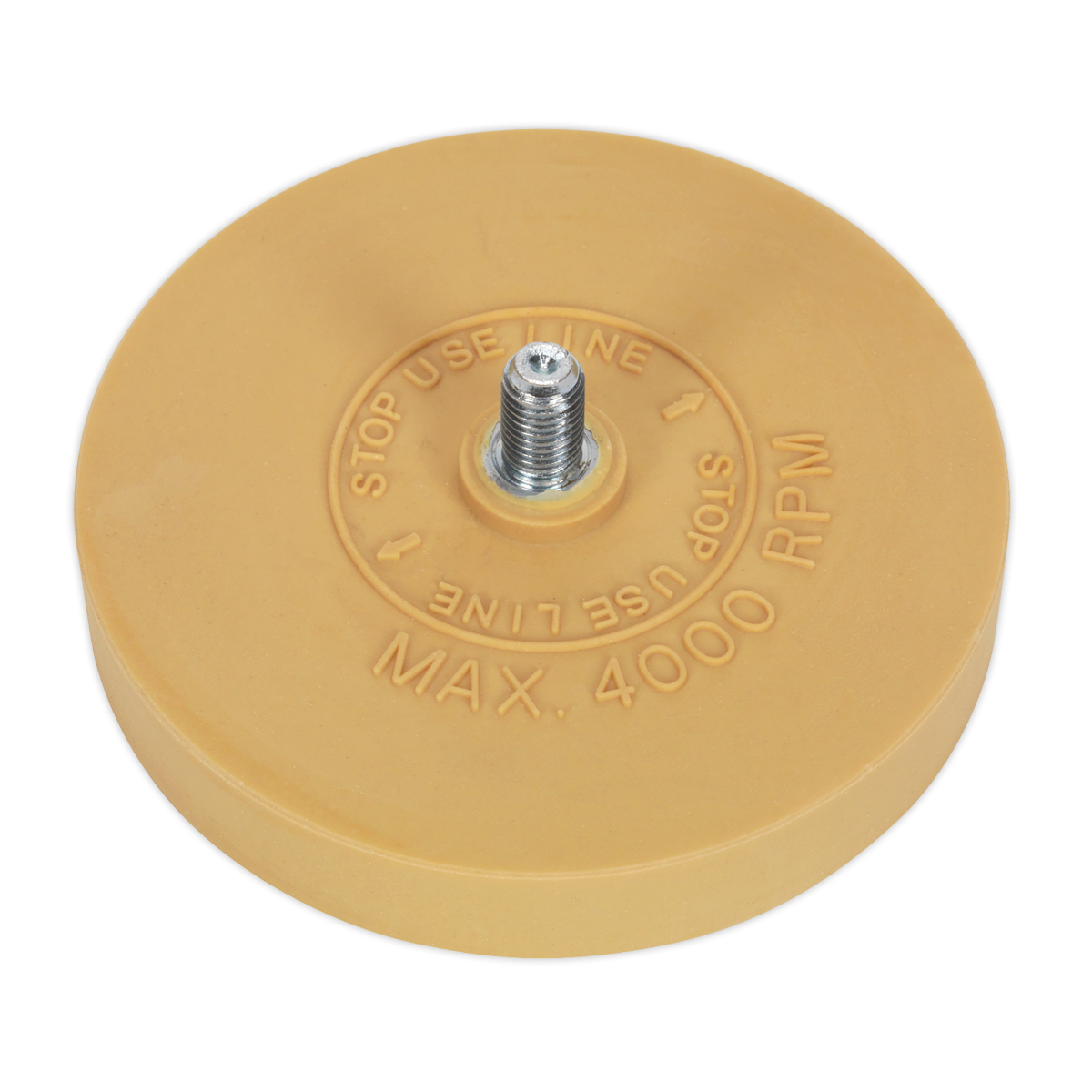 Image of a circular yellow Stripe Removing Pad for SA95 Ø88 x 16mm 5/16” UNF - SA95/PX by Sealey, featuring a central metal shaft labeled "MAX. 4000 RPM" and "STOP USE LINE." This versatile tool is ideal for removing adhesives, stickers, and even double-sided tape. Perfect for refinishing projects or removing pinstripes from your vehicle.