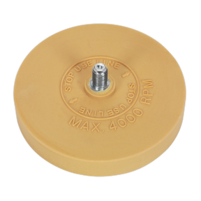 Image of a circular yellow Stripe Removing Pad for SA95 Ø88 x 16mm 5/16” UNF - SA95/PX by Sealey, featuring a central metal shaft labeled "MAX. 4000 RPM" and "STOP USE LINE." This versatile tool is ideal for removing adhesives, stickers, and even double-sided tape. Perfect for refinishing projects or removing pinstripes from your vehicle.