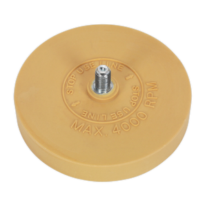 Image of a circular yellow Stripe Removing Pad for SA95 Ø88 x 16mm 5/16” UNF - SA95/PX by Sealey, featuring a central metal shaft labeled "MAX. 4000 RPM" and "STOP USE LINE." This versatile tool is ideal for removing adhesives, stickers, and even double-sided tape. Perfect for refinishing projects or removing pinstripes from your vehicle.