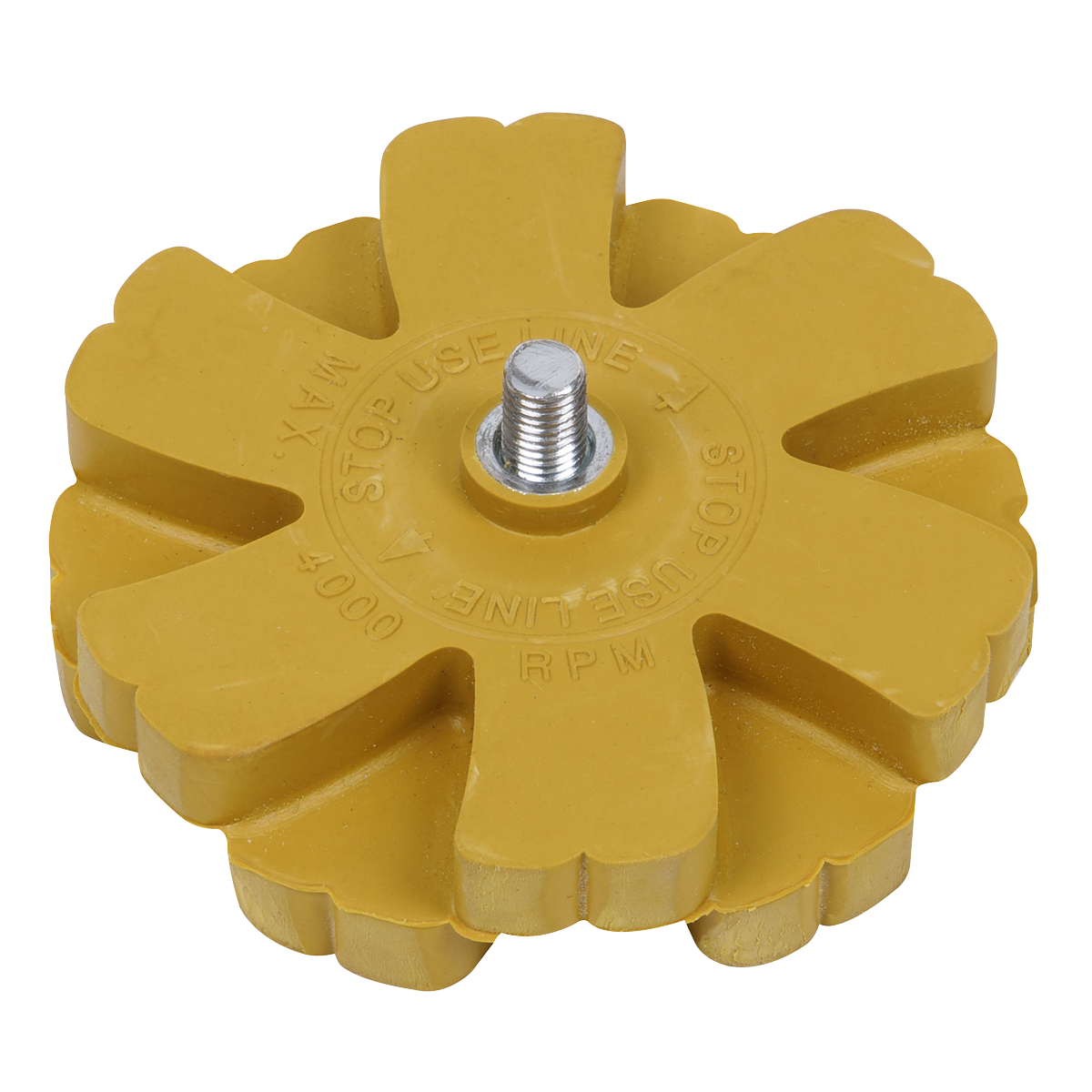 The Sealey Universal Stripe Removing Pad Ø88 x 20mm - SA95UNI, featuring a yellow eraser wheel tool with a metal center bolt, is perfect for removing pin stripes and double-sided tape and includes text indicating a maximum usage of 4000 RPM.