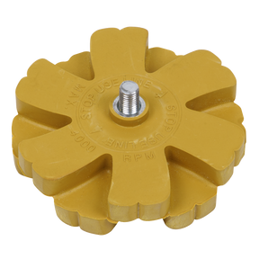 The Sealey Universal Stripe Removing Pad Ø88 x 20mm - SA95UNI, featuring a yellow eraser wheel tool with a metal center bolt, is perfect for removing pin stripes and double-sided tape and includes text indicating a maximum usage of 4000 RPM.