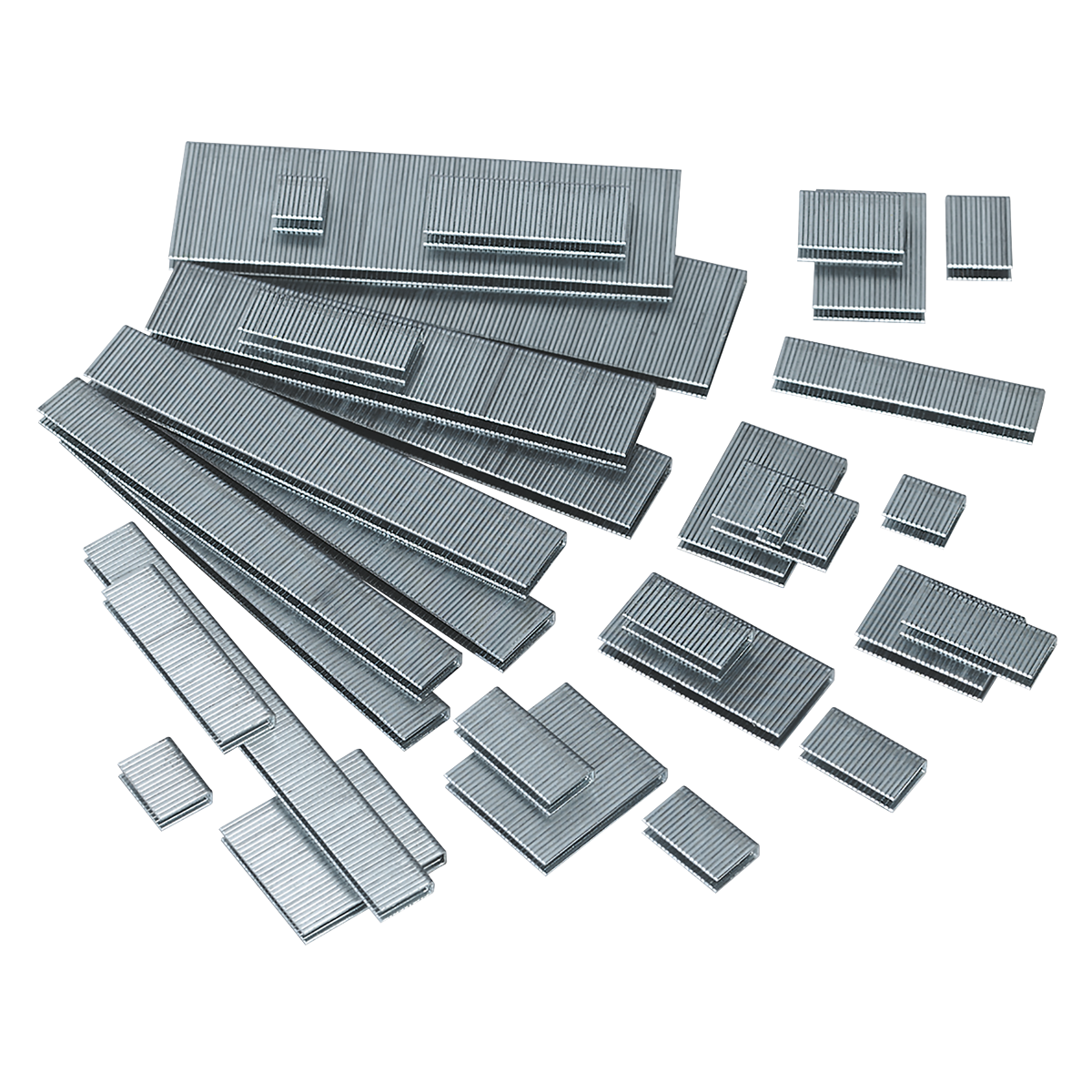 Assorted metal staples, including 18 gauge, scattered on a white background. Complete pack of 5000 for all your stapling needs - Staple 10mm 18SWG Pack of 5000 by Sealey (SAAS1810).