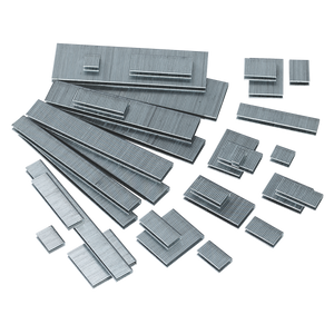 Assorted metal staples, including 18 gauge, scattered on a white background. Complete pack of 5000 for all your stapling needs - Staple 10mm 18SWG Pack of 5000 by Sealey (SAAS1810).