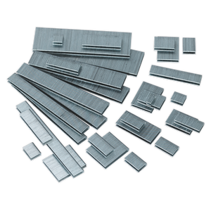 Image depicting multiple rectangular metal slabs, varying in size, arranged in a somewhat scattered manner against a white background, reminiscent of Sealey's 28mm 18SWG staples from the SAAS1828 pack of 5000.