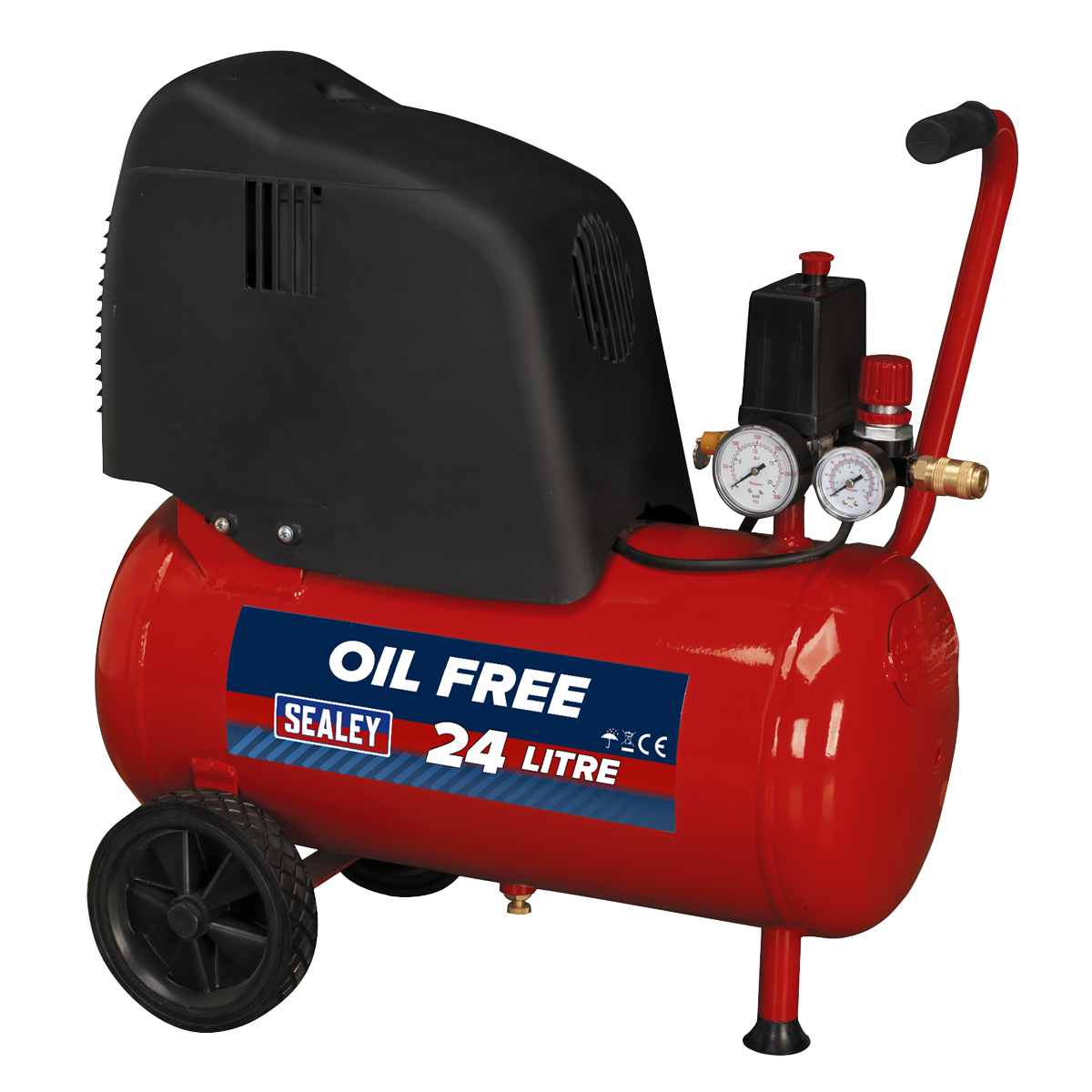 The Sealey Air Compressor 24L Belt Drive 1.5hp Oil Free (SAC02415) is a red, oil-free device featuring a 24-liter capacity and equipped with two gauges. Designed for portability, it includes wheels and a handle for easy maneuverability. This maintenance-free compressor ensures oil-free air delivery, making it ideal for tasks such as airbrush spraying.