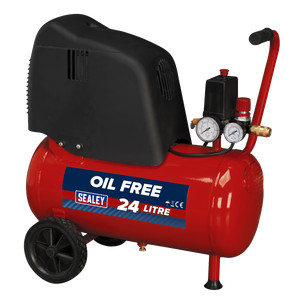 The Sealey Air Compressor 24L Belt Drive 1.5hp Oil Free (SAC02415) is a red, oil-free device featuring a 24-liter capacity and equipped with two gauges. Designed for portability, it includes wheels and a handle for easy maneuverability. This maintenance-free compressor ensures oil-free air delivery, making it ideal for tasks such as airbrush spraying.