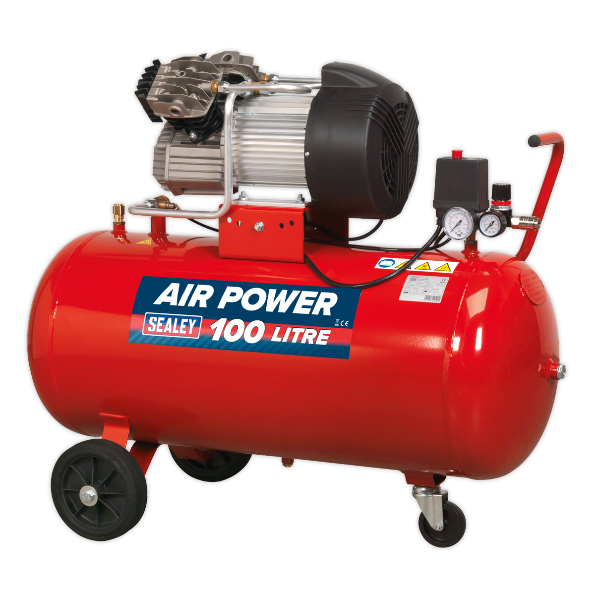 The Sealey Air Compressor 100L V-Twin Direct Drive 3hp - SAC10030 boasts a red finish with a black motor and pressure gauge, making it perfect for workshop applications. Its V-Twin pump and heavy-duty induction motor are designed to tackle demanding tasks with ease.