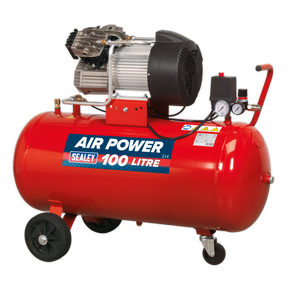 The Sealey Air Compressor 100L V-Twin Direct Drive 3hp - SAC10030 boasts a red finish with a black motor and pressure gauge, making it perfect for workshop applications. Its V-Twin pump and heavy-duty induction motor are designed to tackle demanding tasks with ease.