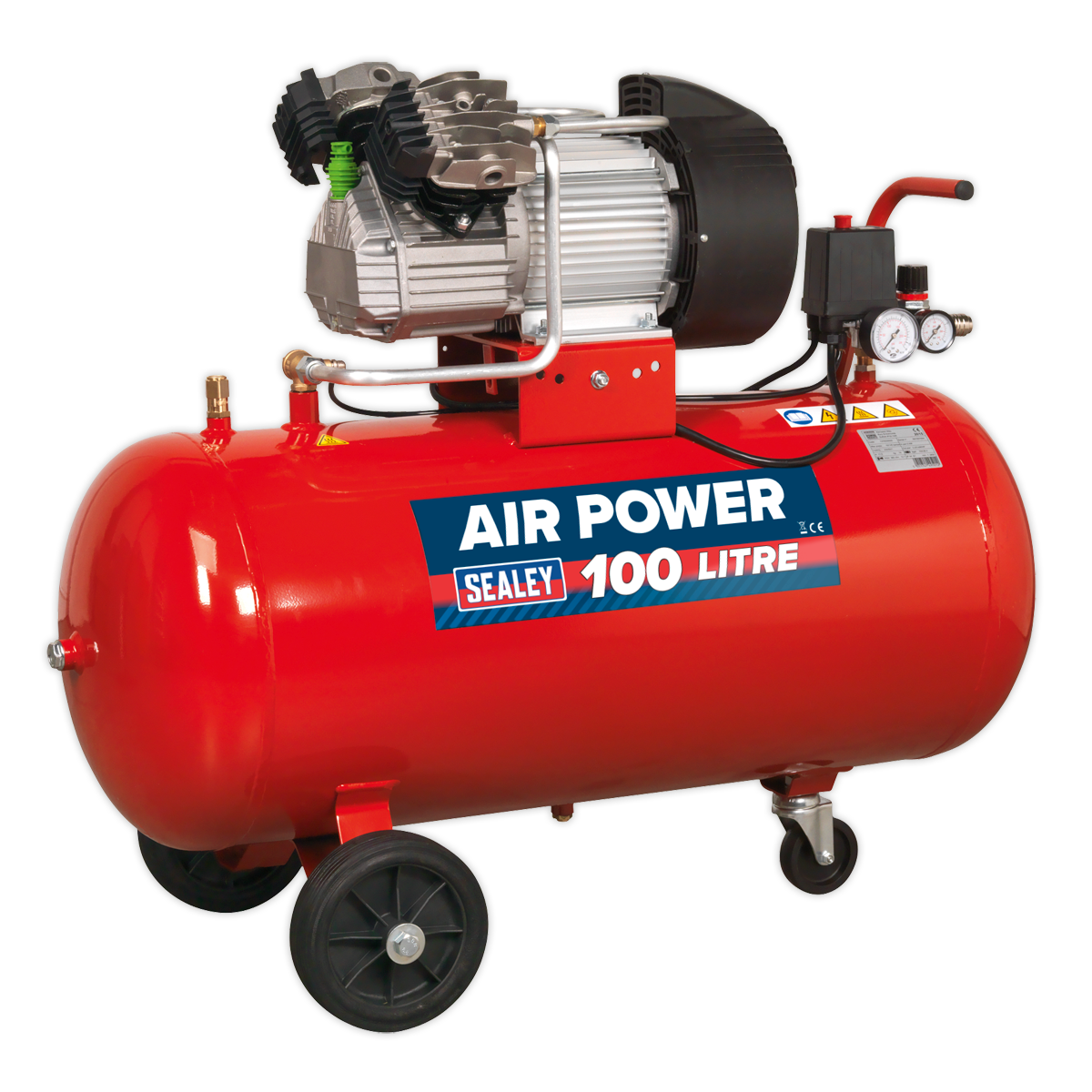 Presenting the Sealey Air Compressor 100L V-Twin Direct Drive 3hp - SAC10030: a red powerhouse designed for workshop applications. It features dual pressure gauges, a comprehensive control panel, and wheels for easy mobility. Engineered to deliver efficient performance, it boasts a heavy-duty induction motor and robust V-Twin pump, making it an ideal addition to any professional setting.