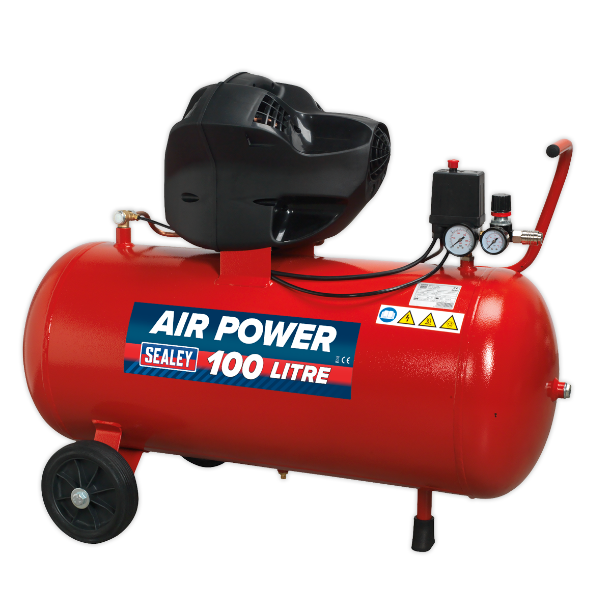 Introducing the Sealey Air Compressor 100L V-Twin Direct Drive 3hp Oil Free - SAC10030F, a robust red unit complete with wheels and gauges, providing an oil-free air supply with its direct-driven pump design.