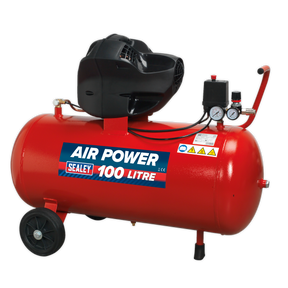 Introducing the Sealey Air Compressor 100L V-Twin Direct Drive 3hp Oil Free - SAC10030F, a robust red unit complete with wheels and gauges, providing an oil-free air supply with its direct-driven pump design.