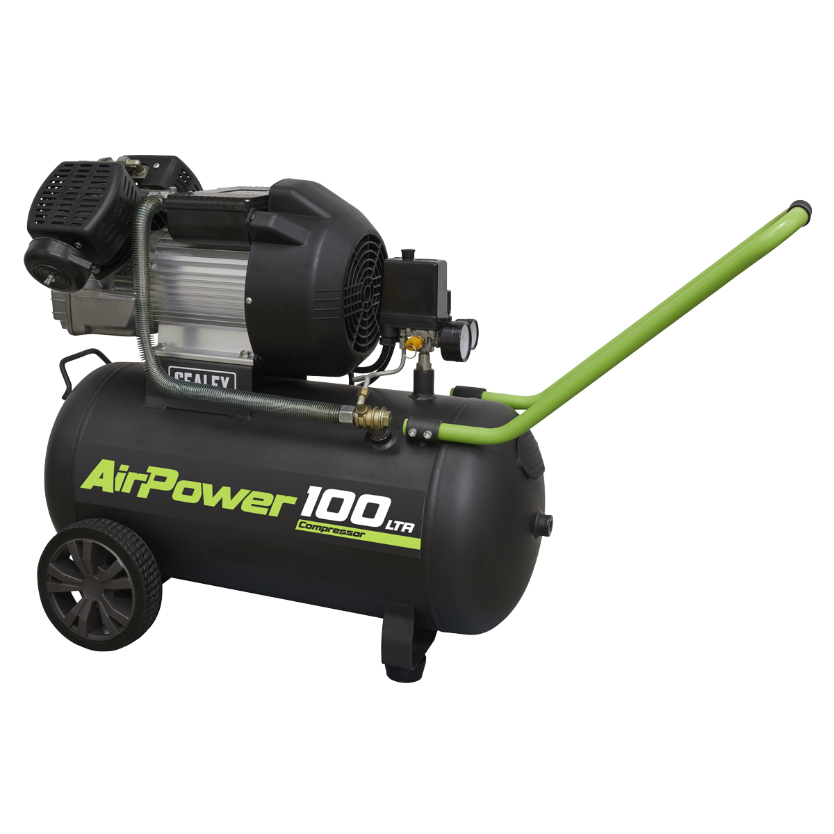 The "Air Compressor 100L V-Twin Direct Drive 3hp - SAC10030VE" by Sealey, available in black and green, features a V-Twin pump, a handle, and two wheels for mobility. This model includes components like a motor and a pressure regulator designed for efficient air displacement.