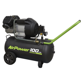 The "Air Compressor 100L V-Twin Direct Drive 3hp - SAC10030VE" by Sealey, available in black and green, features a V-Twin pump, a handle, and two wheels for mobility. This model includes components like a motor and a pressure regulator designed for efficient air displacement.
