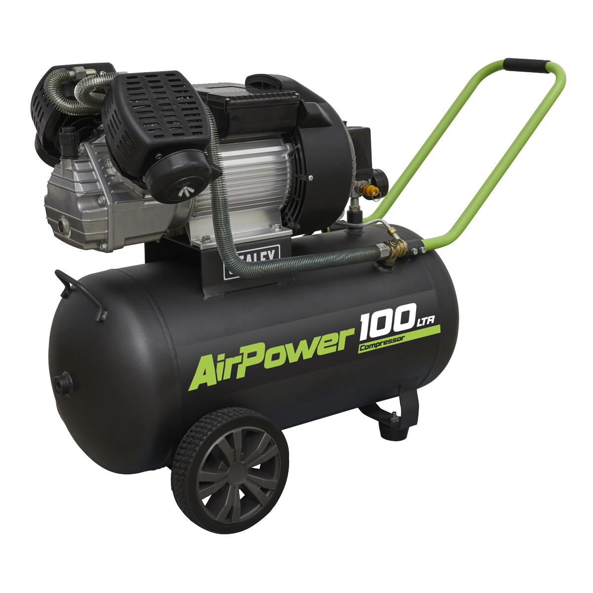 The Sealey Air Compressor 100L V-Twin Direct Drive 3hp - SAC10030VE features a 100-liter tank, black body, and green handles. It is equipped with a V-Twin pump for efficient air displacement and has wheels for easy mobility.