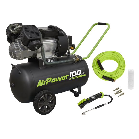 Sealey | 100L Direct Drive V-Twin Air Compressor 3hp with Air Accessory Kit - SAC10030VEKIT