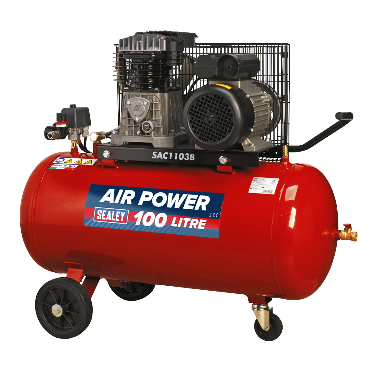 Air Compressor 100L Belt Drive 3hp with Cast Cylinders & Wheels - SAC1103B - Farming Parts