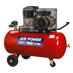 Air Compressor 100L Belt Drive 3hp with Cast Cylinders & Wheels - SAC1103B - Farming Parts