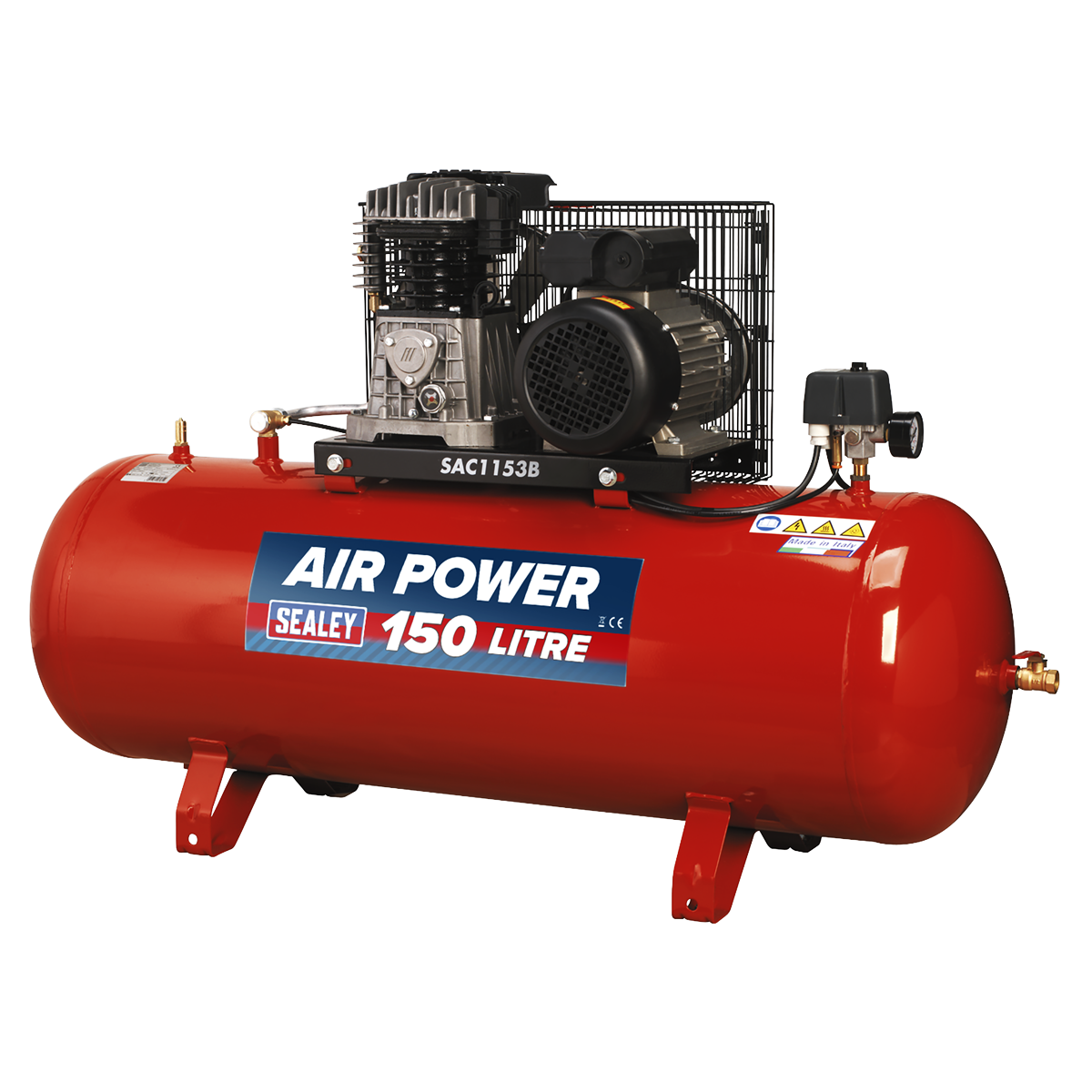 The Sealey Air Compressor 150L Belt Drive 3hp with Cast Cylinders, model number SAC1153B, features a powerful motor and an ample 150-liter capacity. The unit includes a black motor and multiple gauges on top labeled "AIR POWER." It boasts impressive air displacement and maximum pressure for all your heavy-duty needs.