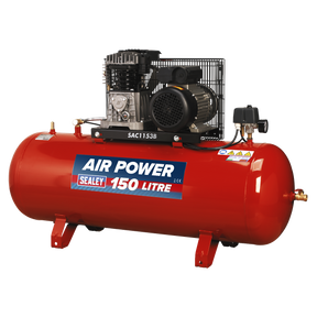 The Sealey Air Compressor 150L Belt Drive 3hp with Cast Cylinders, model number SAC1153B, features a powerful motor and an ample 150-liter capacity. The unit includes a black motor and multiple gauges on top labeled "AIR POWER." It boasts impressive air displacement and maximum pressure for all your heavy-duty needs.