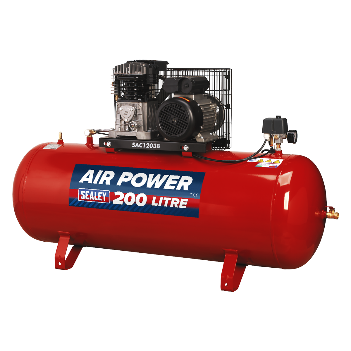 A robust air compressor from Sealey, featuring a striking red design and the model name "Air Compressor 200L Belt Drive 3hp with Cast Cylinders - SAC1203B," has a 200-liter capacity. Equipped with a black, powerful 3hp motor and various top-mounted control components, it delivers a maximum pressure of 145psi.