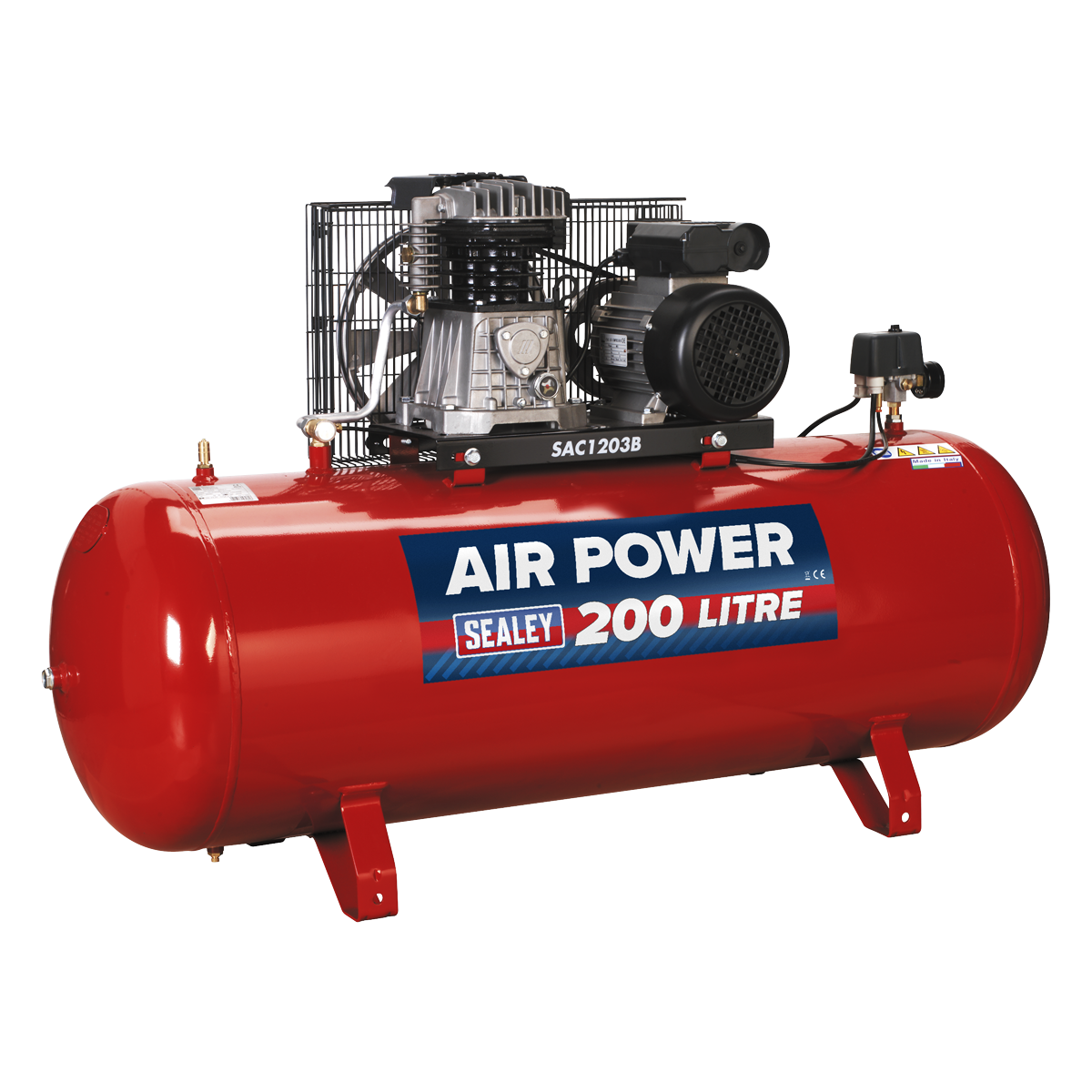 A heavy-duty Sealey air compressor, the Air Compressor 200L Belt Drive 3hp with Cast Cylinders - SAC1203B, features a powerful 3hp motor and a robust 200-litre tank capacity. This red machine, labeled "Air Power," offers a maximum pressure of 145psi.