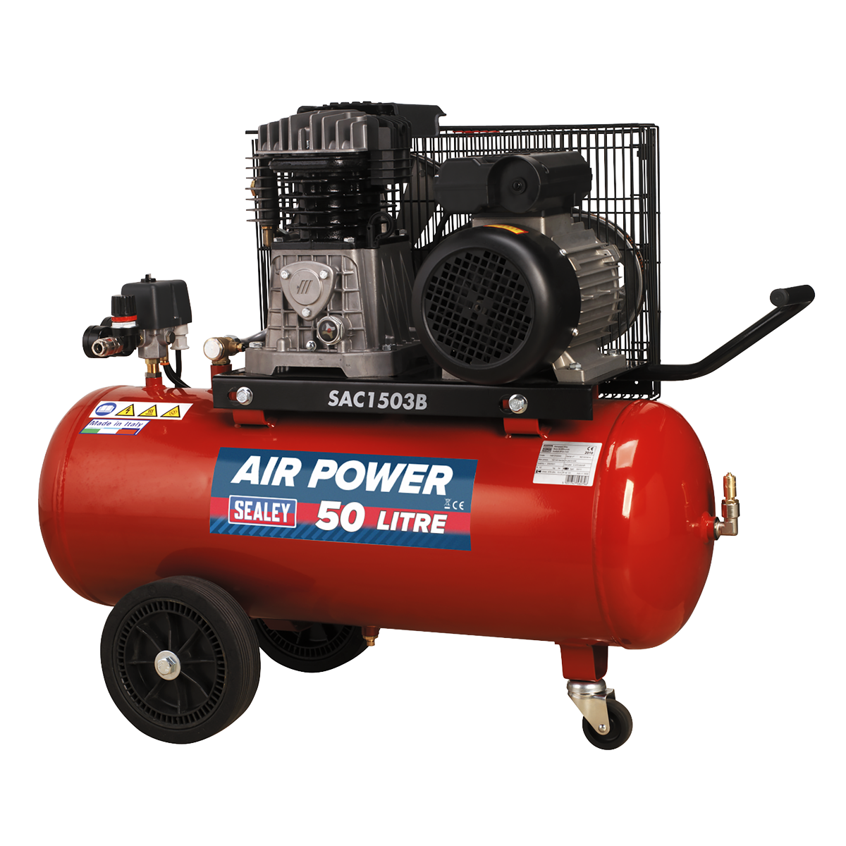 The Sealey Air Compressor 50L Belt Drive 3hp with Cast Cylinders & Wheels (model SAC1503B) is ideal for a professional workshop. It features a 50-litre tank, wheels, and comes with a red body, black motor and handle, plus various control components.