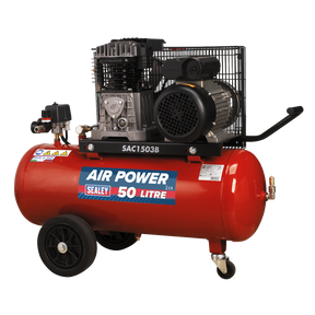 The Sealey Air Compressor 50L Belt Drive 3hp with Cast Cylinders & Wheels (model SAC1503B) is ideal for a professional workshop. It features a 50-litre tank, wheels, and comes with a red body, black motor and handle, plus various control components.