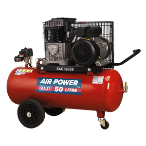 The Sealey Air Compressor 50L Belt Drive 3hp with Cast Cylinders & Wheels (model SAC1503B) is ideal for a professional workshop. It features a 50-litre tank, wheels, and comes with a red body, black motor and handle, plus various control components.