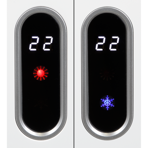 Two side-by-side close-up views of a modern electronic control panel with a black face, silver oval bezel, white digital display reading 22, and different illuminated icons: a red sunburst on the left and a blue snowflake on the right.
