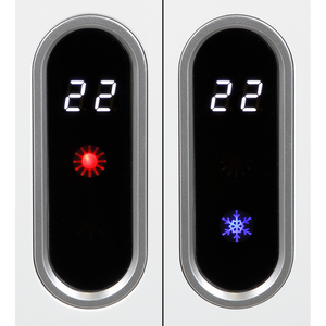 Two side-by-side close-up views of a modern electronic control panel with a black face, silver oval bezel, white digital display reading 22, and different illuminated icons: a red sunburst on the left and a blue snowflake on the right.