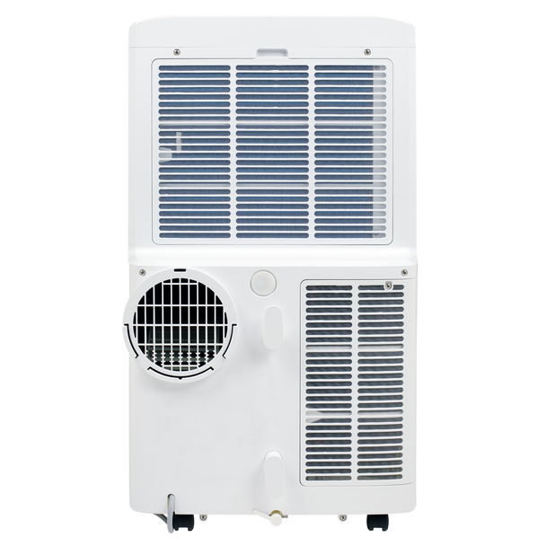 A white portable window air conditioner with wheels, featuring a top cooling panel, a side exhaust fan with a metal grille, and a bottom vent panel, shown against a plain white background.