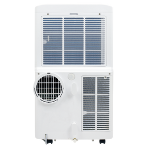 A white portable window air conditioner with wheels, featuring a top cooling panel, a side exhaust fan with a metal grille, and a bottom vent panel, shown against a plain white background.