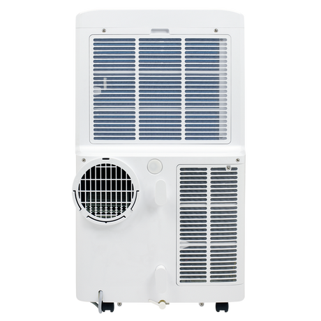 A white portable window air conditioner with wheels, featuring a top cooling panel, a side exhaust fan with a metal grille, and a bottom vent panel, shown against a plain white background.