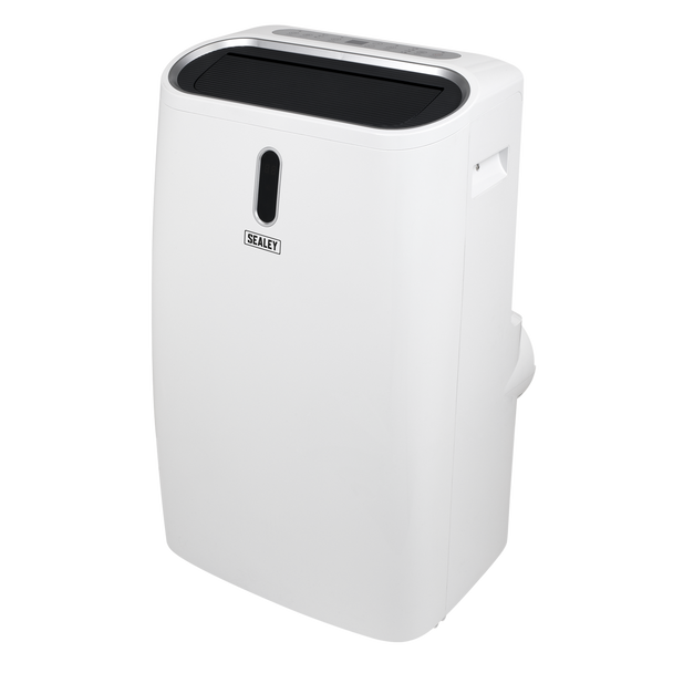 A white portable dehumidifier with a black top panel and a vertical water level window, featuring the Sealoy brand logo on the front.