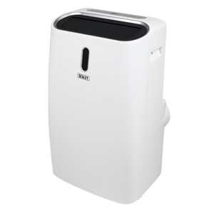 A white portable dehumidifier with a black top panel and a vertical water level window, featuring the Sealoy brand logo on the front.