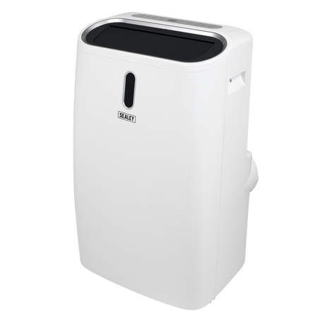 A white portable dehumidifier with a black top panel and a vertical water level window, featuring the Sealoy brand logo on the front.