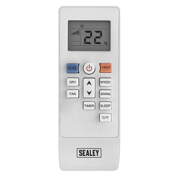 A Sealey wireless remote control for an air conditioner or refrigerator, featuring a white plastic body, a digital LCD screen showing 22 degrees Celsius, and various buttons for cool, heat, fan, dry, speed, swing, timer, sleep, and temperature settings.