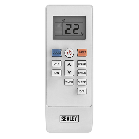 A Sealey wireless remote control for an air conditioner or refrigerator, featuring a white plastic body, a digital LCD screen showing 22 degrees Celsius, and various buttons for cool, heat, fan, dry, speed, swing, timer, sleep, and temperature settings.