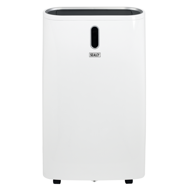 A white portable air conditioner with a black top trim and a vertical black vent on the front, featuring the Sealey brand logo.