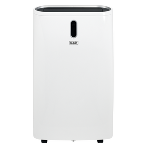 A white portable air conditioner with a black top trim and a vertical black vent on the front, featuring the Sealey brand logo.