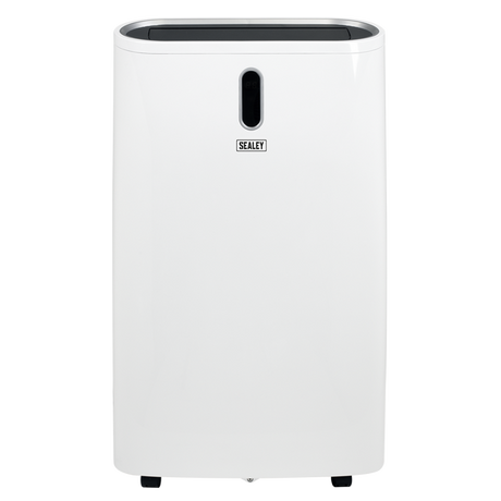 A white portable air conditioner with a black top trim and a vertical black vent on the front, featuring the Sealey brand logo.