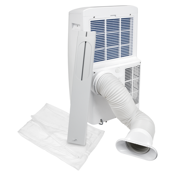 White portable window air conditioner with a flexible white hose connector, shown with two white drain bags on a plain white background.